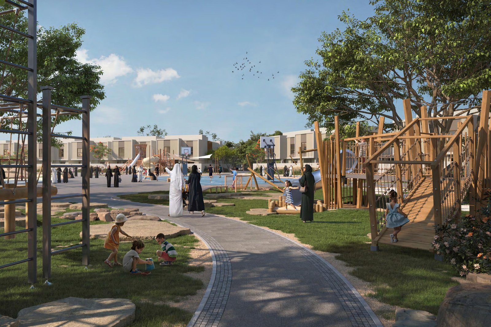 Stylish exterior of Al Deem Townhomes Yas Island Abu Dhabi with eco-friendly finishes and community landscaping