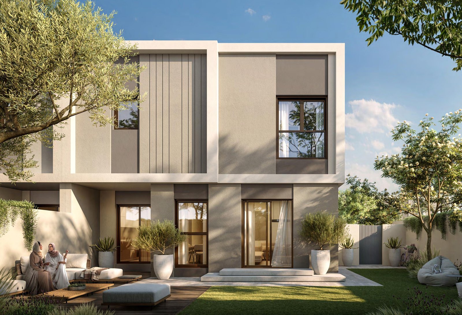 Al Deem Townhomes Abu Dhabi exterior façade with contemporary townhome design on Yas Island by Aldar Properties